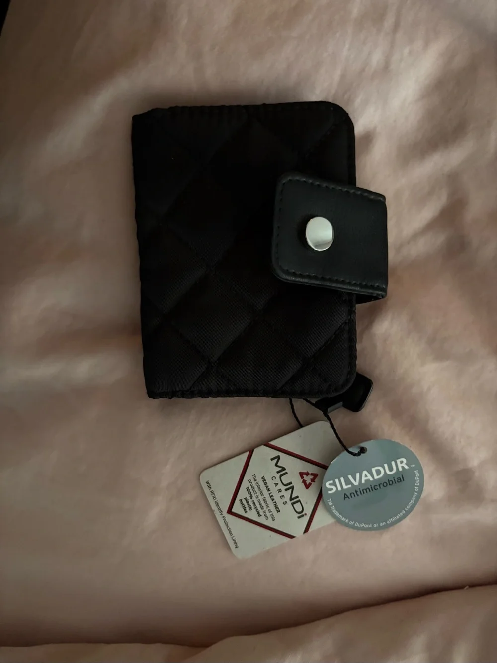 mundi Black Trifold Vegan Leather Wallet with Snap Closure